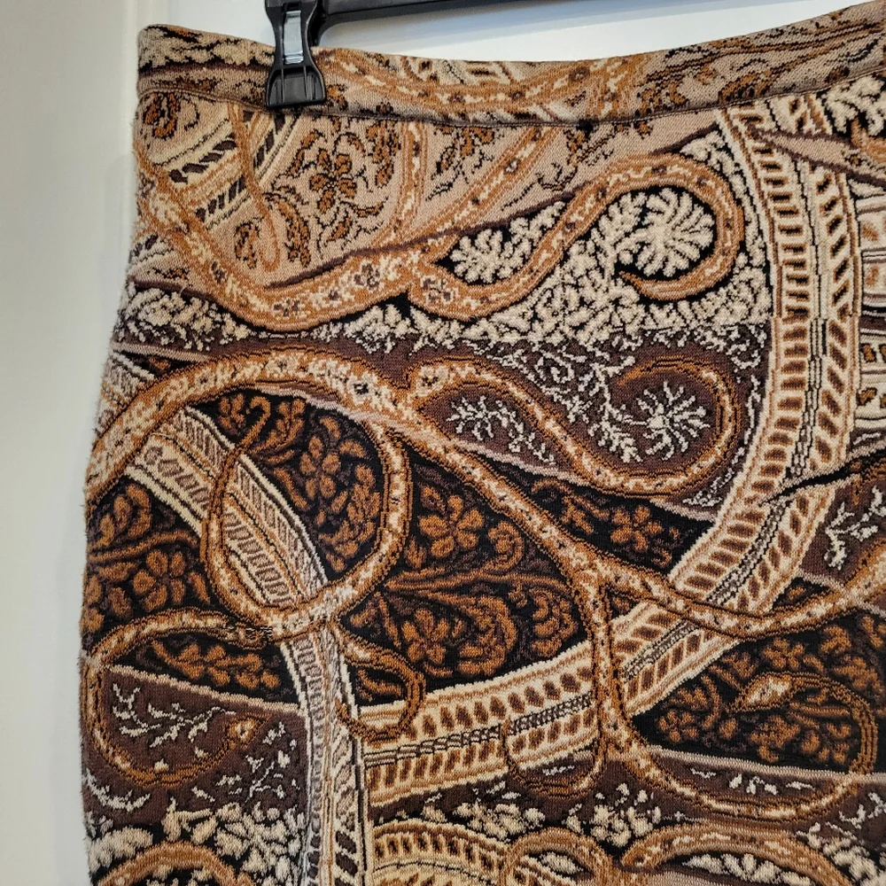 Peruvian Connection Pima Cotton Knit Pencil Skirt Brown Paisley Floral Size LARG